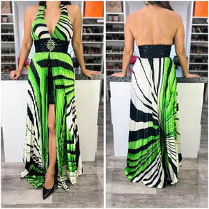 NWT Karishma Green Black Halter Formal Gown $150